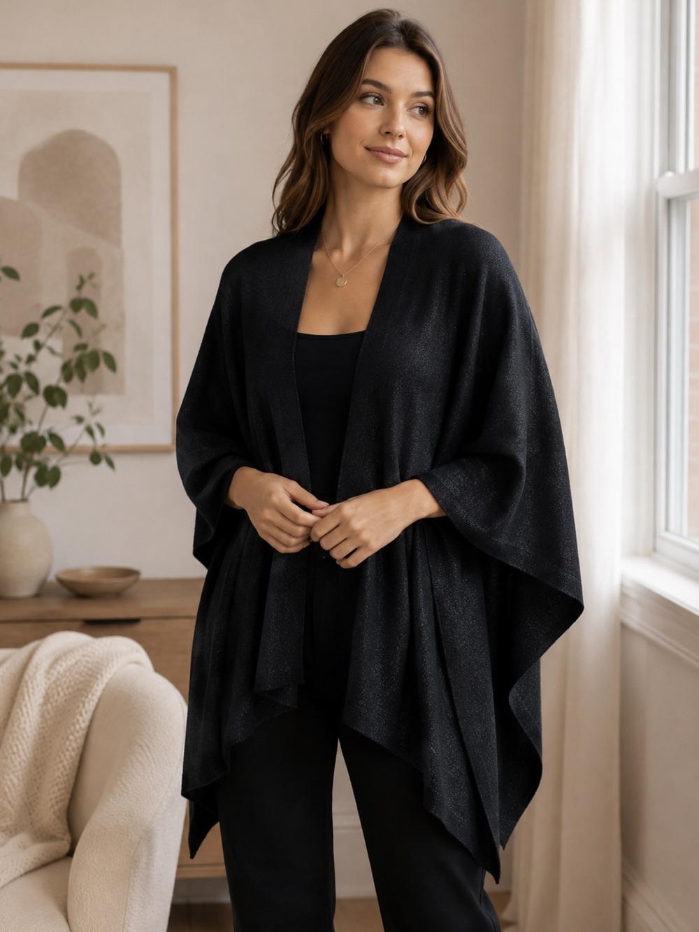 Lauren Ralph Lauren Black Shimmer Open Front Wrap Poncho